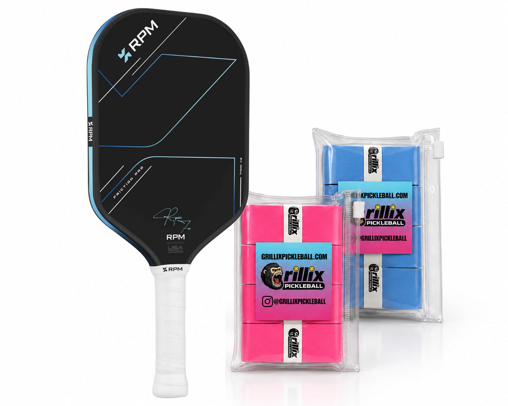 8 Pack Grillix Grip + RPM FRICTION PRO 14MM ELONGATED V2 Pickleball Paddle
