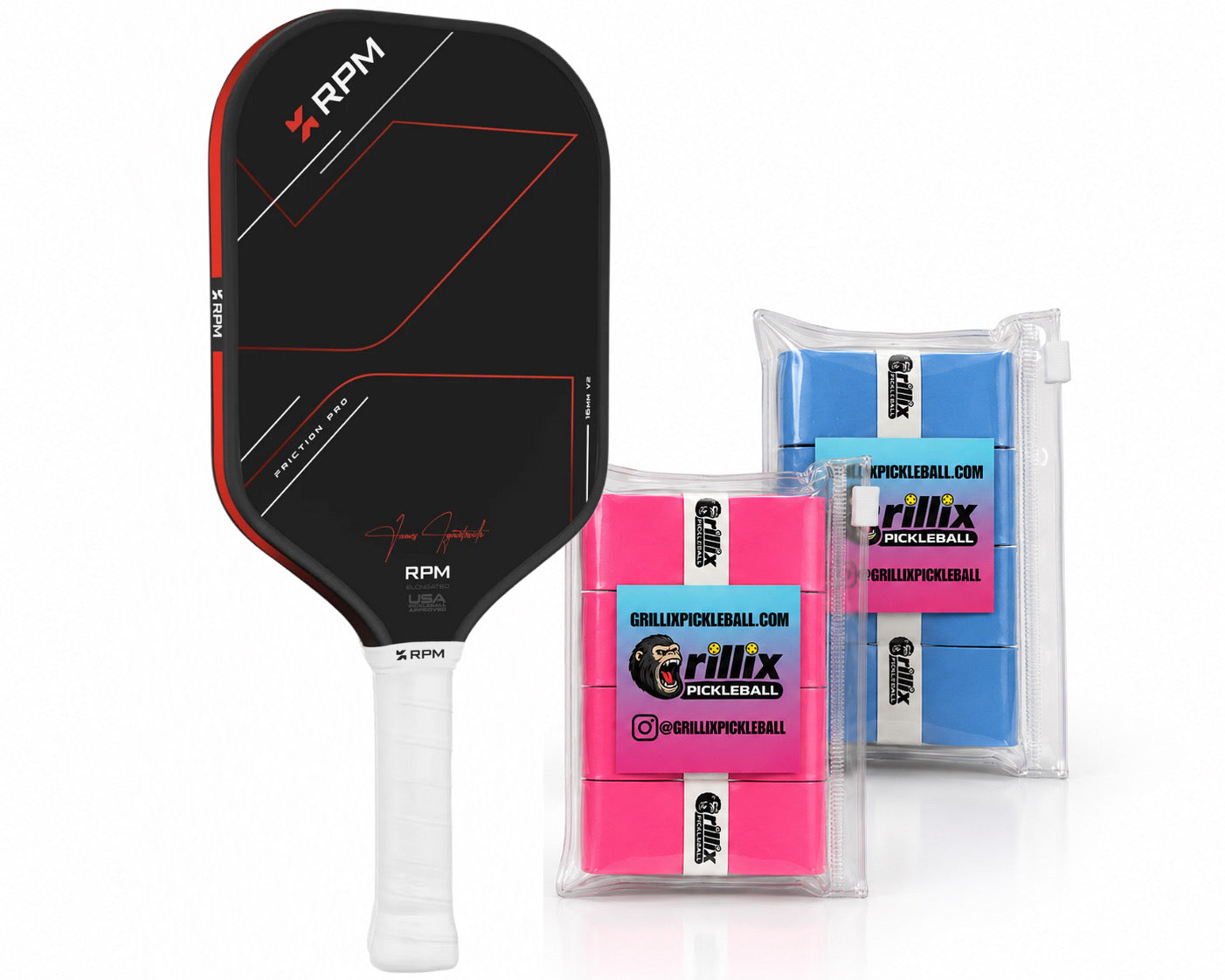 8 Pack Grillix Grip + RPM FRICTION PRO 16MM ELONGATED V2 Pickleball Paddle